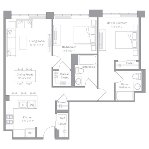 Floor plan for 2 beds, 2 baths, 1070 sqft